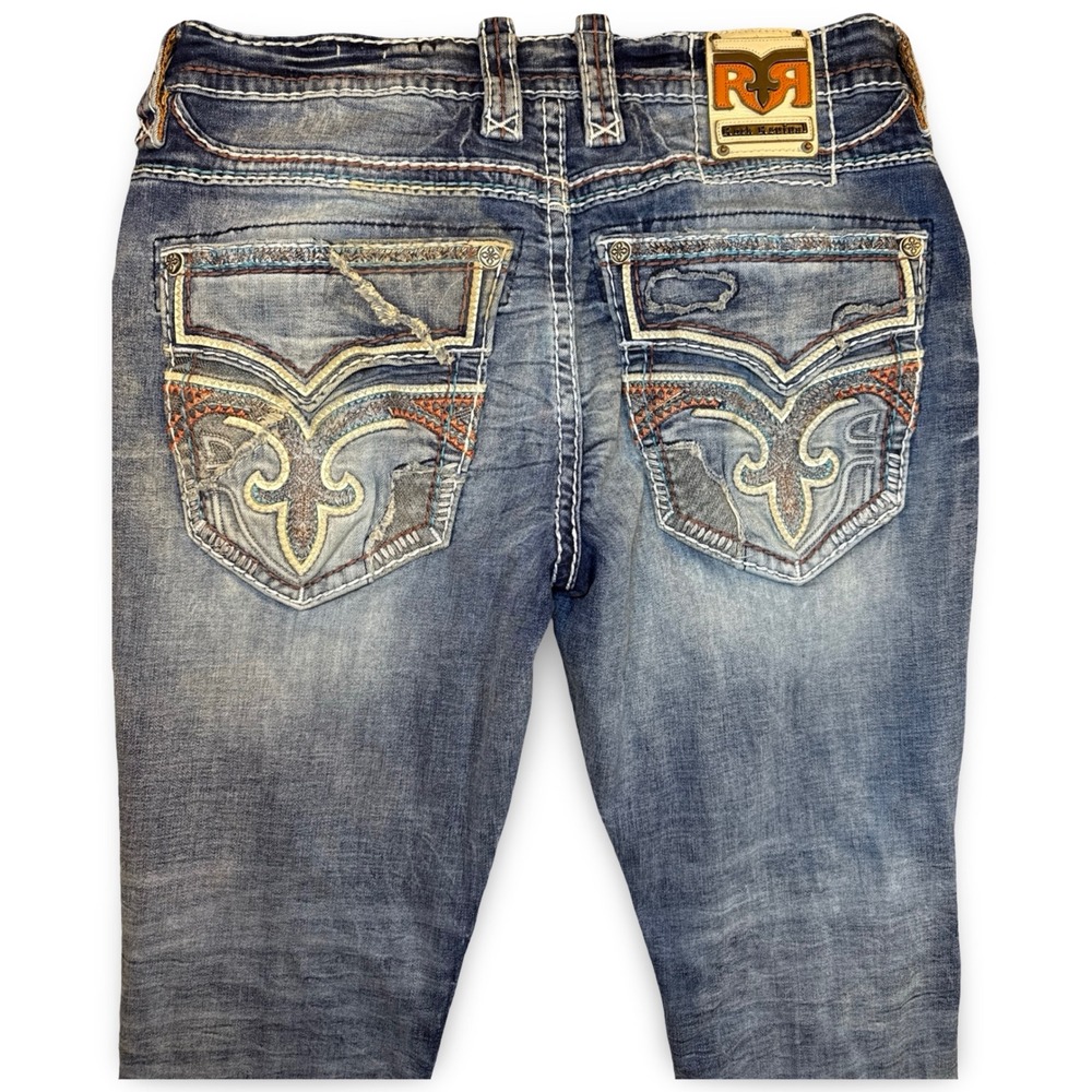 Rock Revival Quency Slim Taper Jeans Mens 36 Distressed Stretch Embroidered - Picture 2 of 12